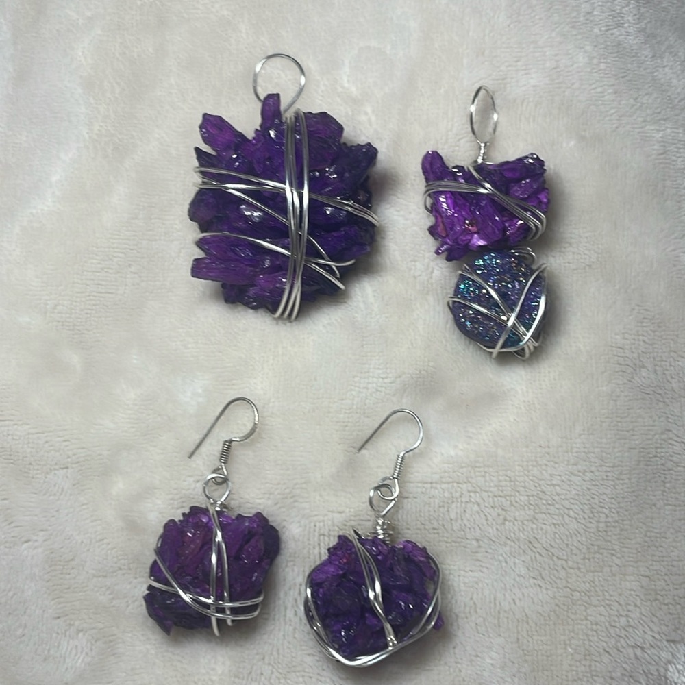 Rough amethyst earrings necklace pendants purple